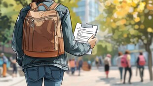 背着书包手持清单的行人