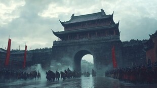 古代城门出征场景