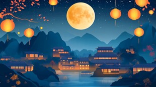 中秋月夜下的山水古镇美景