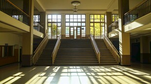 阳光洒落的复古大厅楼梯