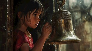 雨中少女轻触古老铜铃