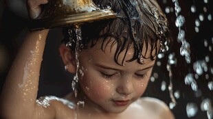 小孩手持容器给自己淋水