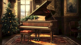 古典室内的钢琴与圣诞树