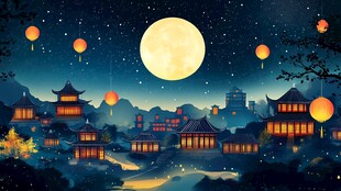 月夜古风小镇灯笼飘