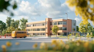 校园建筑与黄色校车景观