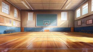 阳光洒入的空旷室内篮球场