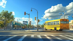 黄色校车行驶在城市路口