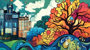 梦幻秋日城市与奇幻树景