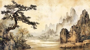 水墨山水孤松图