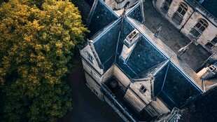 俯瞰古老建筑与葱郁树木