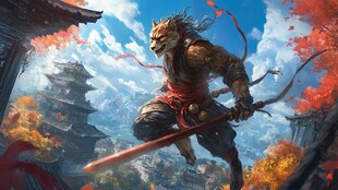 灵猴持剑飞跃古风场景