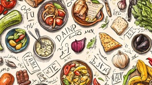 多彩美食插画与烹饪元素