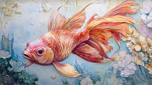 灵动金鱼绘于梦幻花卉间