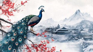 孔雀栖枝赏中式山水美景