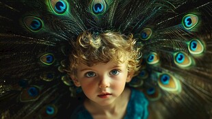 头戴孔雀羽的可爱孩童