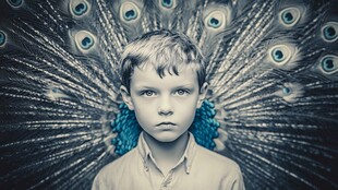 男孩身后展开的绚丽孔雀羽