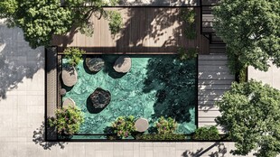 空中俯瞰精致庭院小泳池