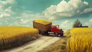 麦田中运粮的红色卡车