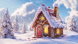 冬日雪景中的梦幻姜饼小屋