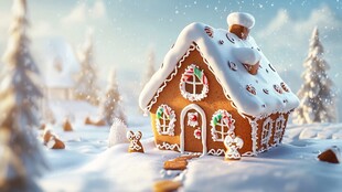冬日雪景中的可爱姜饼屋
