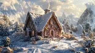 冬日雪山下的温馨小木屋