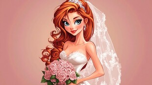 美丽红发新娘手持花束