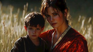 红衣女子与男孩的静谧瞬间