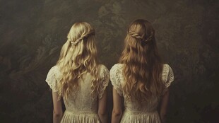 背对而立的金发双生少女