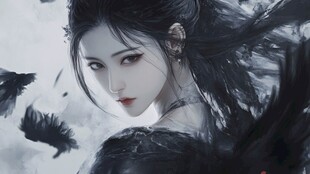 黑发飒爽女子与飞鸟意象