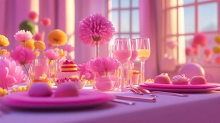 梦幻粉色系浪漫餐桌布置