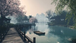 春日湖畔木栈诗意风光