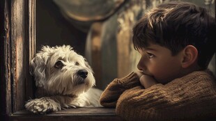 男孩与小狗的温馨对视