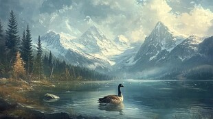 湖畔孤鹅与远山美景