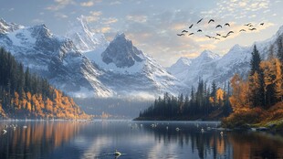 秋日高山湖畔飞鸟美景