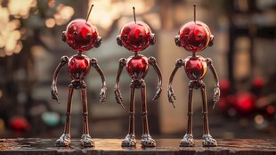 三个红色小机器人并排站立