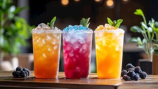 三色冰爽果汁杯摆拍图