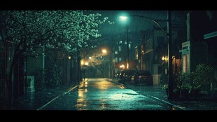 雨夜静谧街道的孤独景象