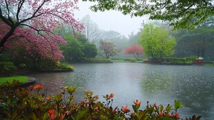 烟雨湖畔花树美景如画