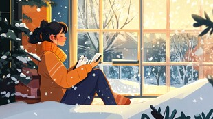 冬日窗边女孩惬意阅读时光