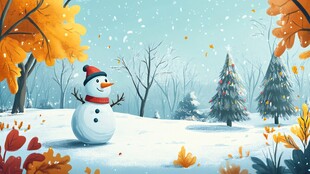 雪人与秋日雪景中的圣诞树