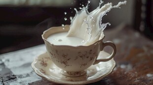 牛奶溅入复古茶杯瞬间
