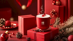 圣诞红杯热饮与节日装饰