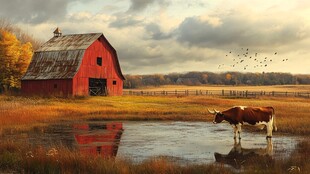 秋日红 barn 旁的牛与景