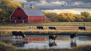 秋日农场的牛群与红谷仓