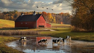 秋日牧场红 barn 与饮水牛
