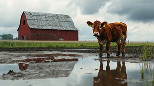 红 barn 前泥地里的棕色奶牛