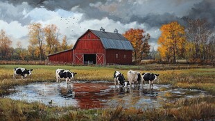 秋日农场牛群与红色谷仓