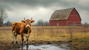 田野中的牛与红色谷仓