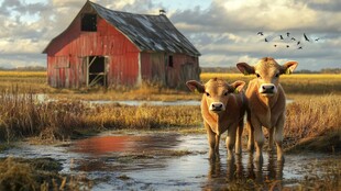 夕阳下红 barn 前的两头牛