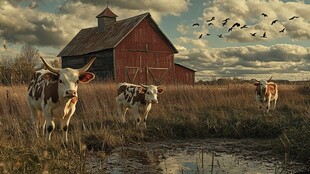 田园牧场景象中的牛与谷仓